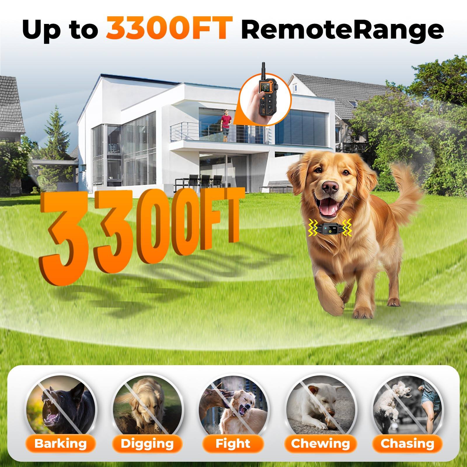 Up to 3300FT Remote Range

3300FT

Barking  
Digging  
Fight  
Chewing  
Chasing