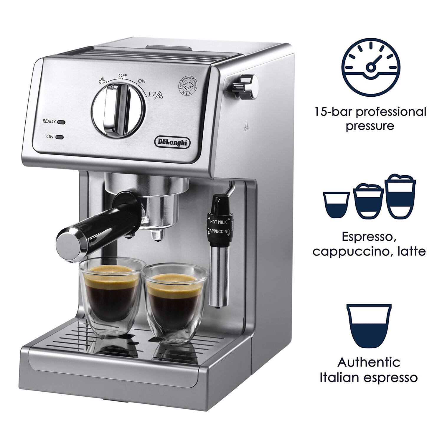 READY ON  
OFF ON  
DeLonghi  
15-bar professional pressure  
HOTMILK CAPPUCCINO  
Espresso, cappuccino, latte  
Authentic Italian espresso