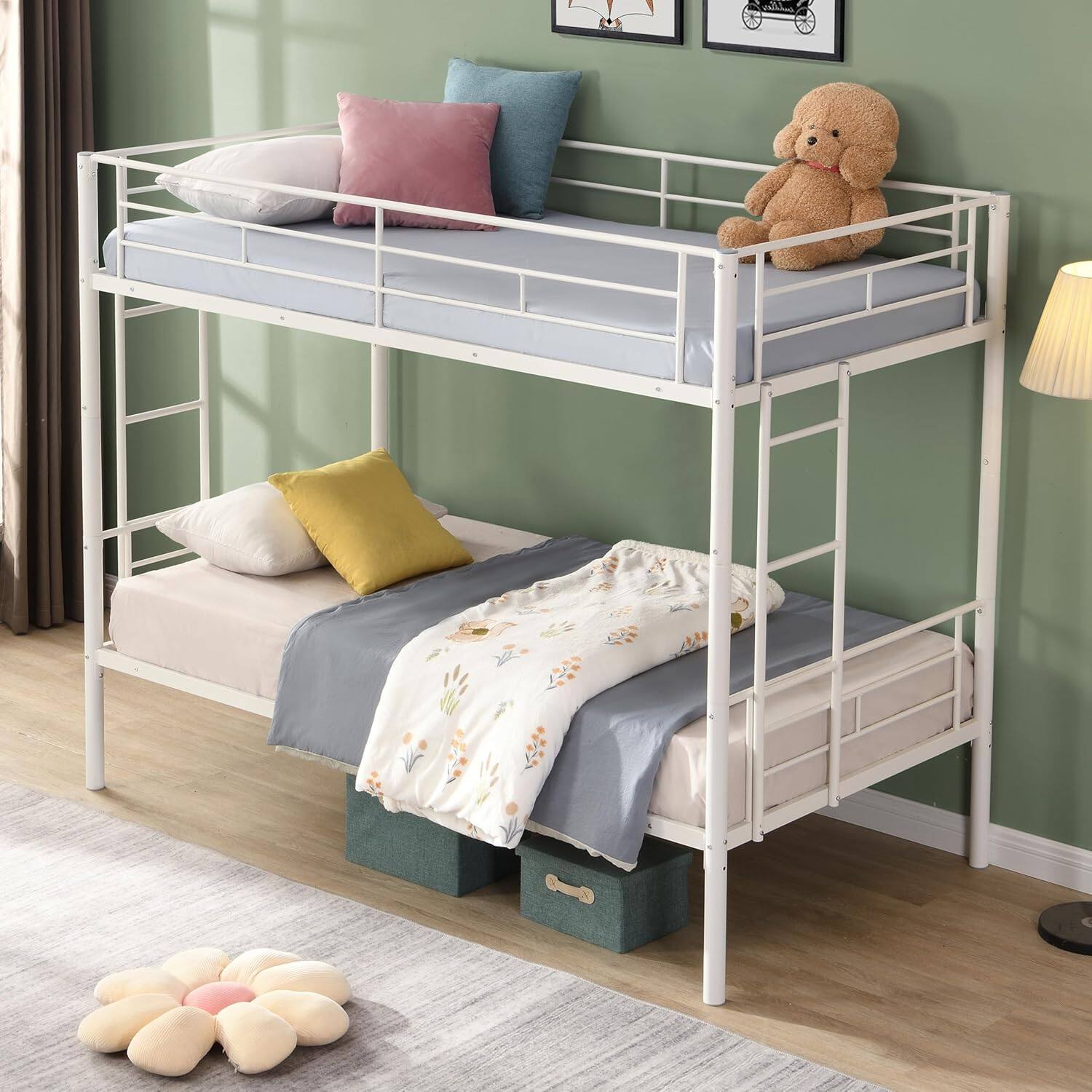 Alt View 3. Trinkets Crazed - Twin Over Twin Size Metal Detachable Bunk Bed Frame with 2 Side Ladder and Guardrail - white.