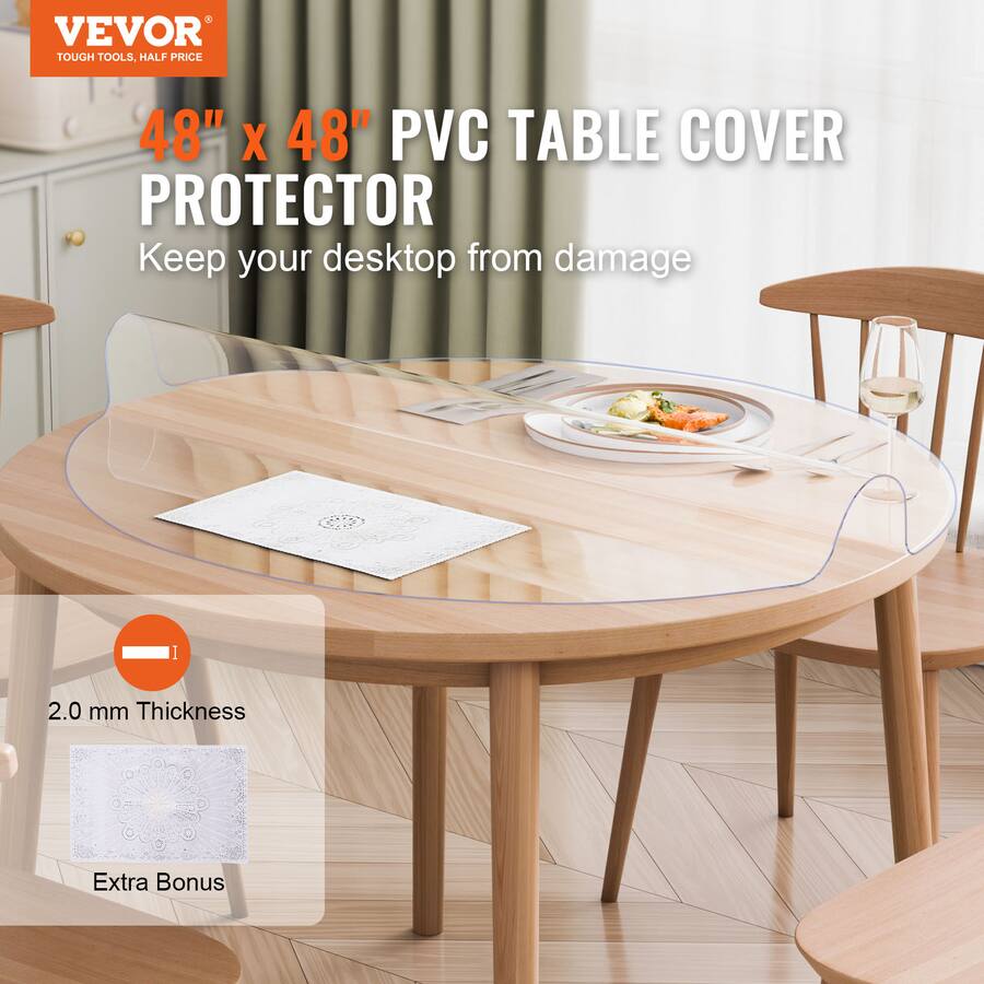 Plastic Rounded Rectangular Table Top VEVOR Plastic Table Cover, 48 x 48 Inch 2.0 mm Thick Clear Table ...