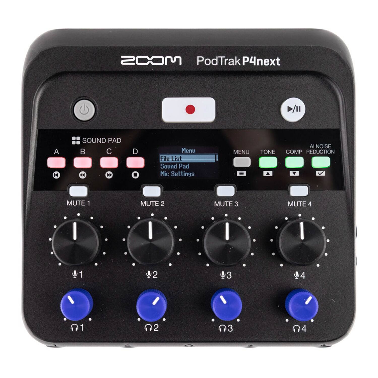 PodTrak P4next

SOUND PAD
A B C D

Menu
File List
Sound Pad
Mic Settings

MENU = TONE A AI NOISE COMP REDUCTION
MUTE 1 MUTE 2 MUTE 3 MUTE 4

1 2 3 4
01 02 03 04