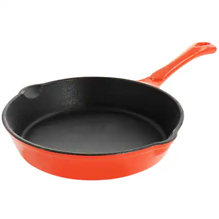 Front. MegaChef - MegaChef Enameled Round 8 Inch PreSeasoned Cast Iron Frying Pan in Orange - Orange.