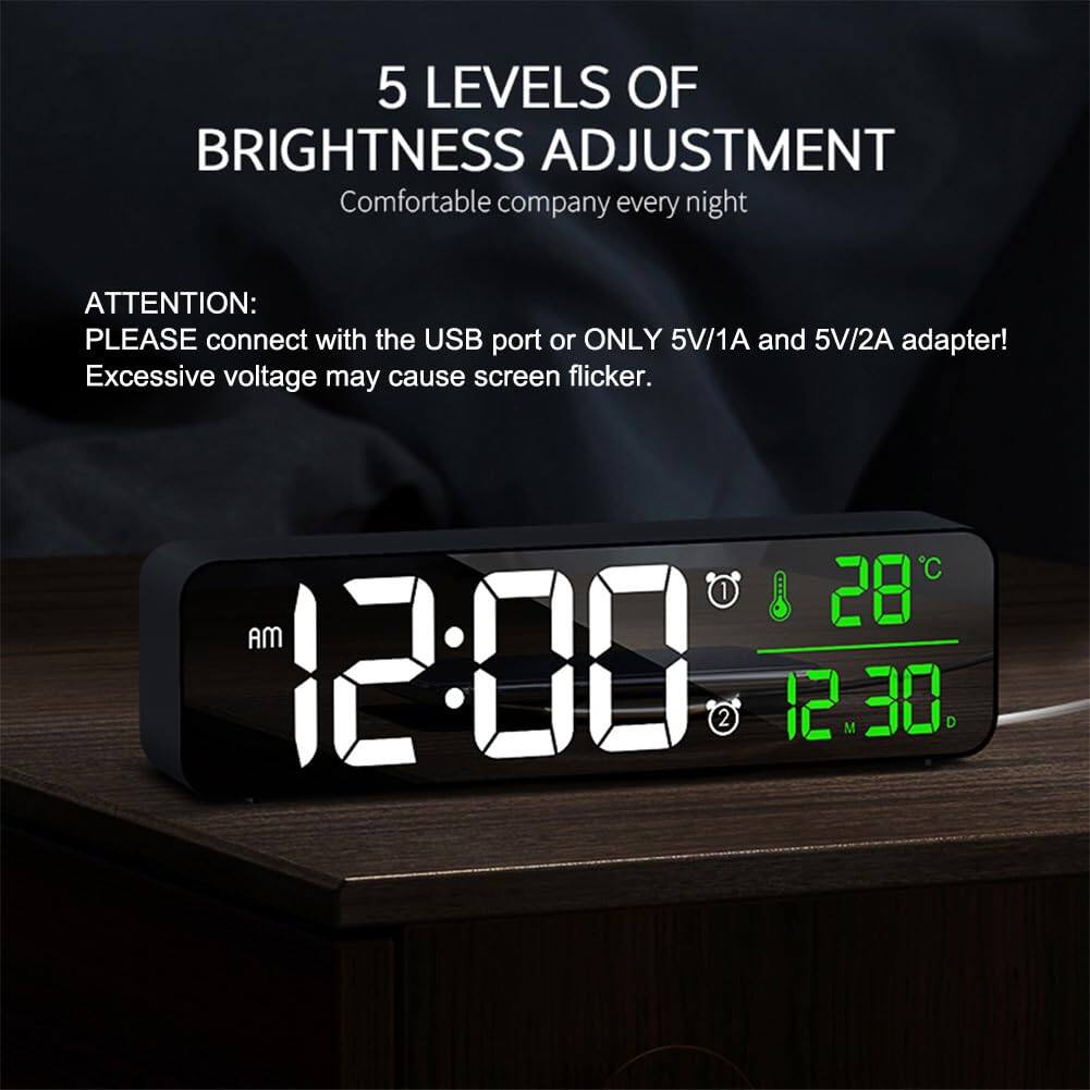 5 LEVELS OF BRIGHTNESS ADJUSTMENT  
Comfortable company every night  

ATTENTION:  
PLEASE connect with the USB port or ONLY 5V/1A and 5V/2A adapter!  
Excessive voltage may cause screen flicker.  

12:00 AM  
28°C  
12:30 PM