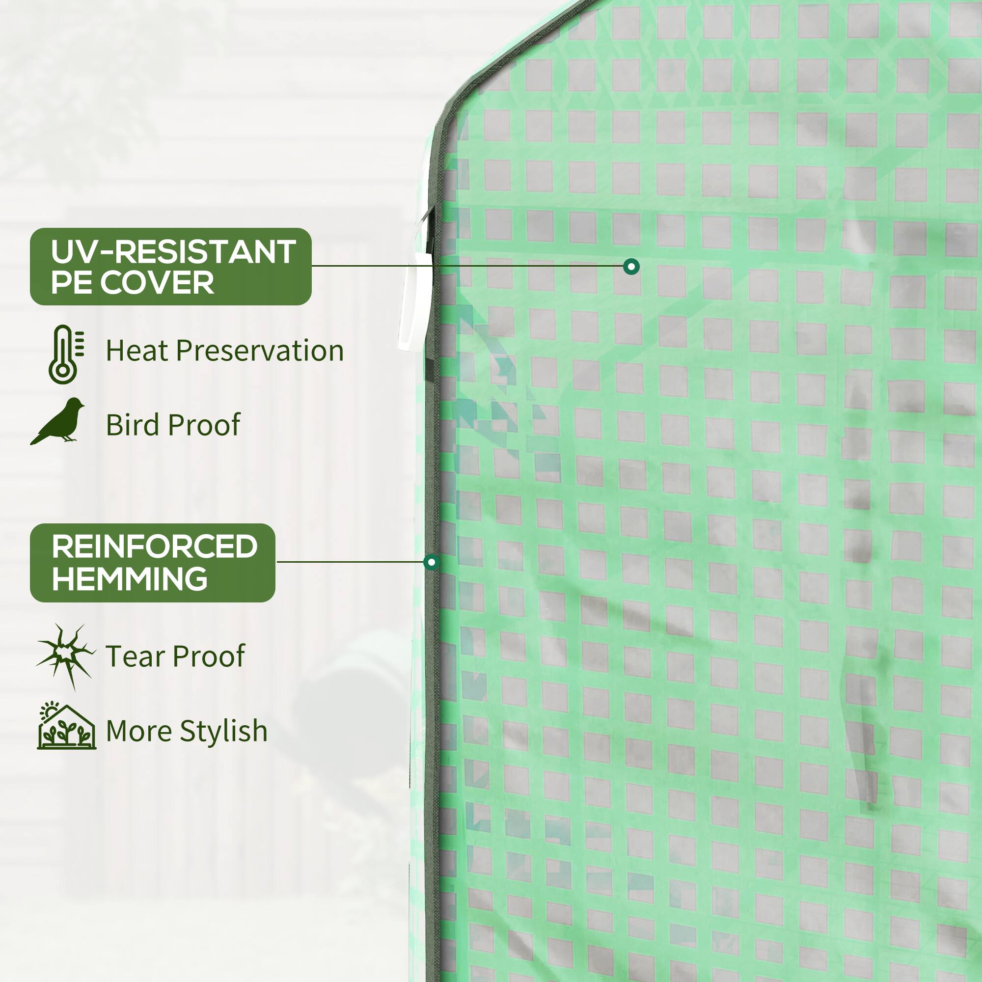 UV-RESISTANT PE COVER, Heat Preservation, Bird Proof, REINFORCED HEMMING, Tear Proof, More Stylish