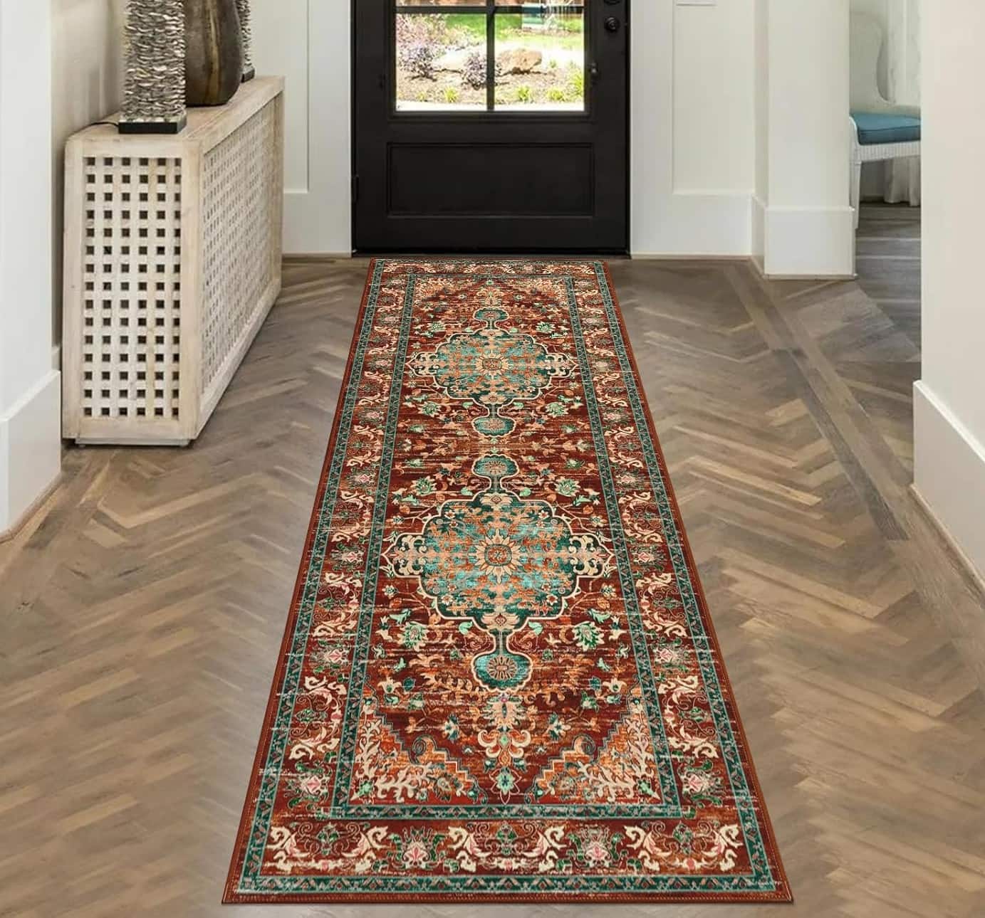 FINEAK - Boho 2'x6' Washable Non-Slip Hallway Runner Rug - Rust＆teal