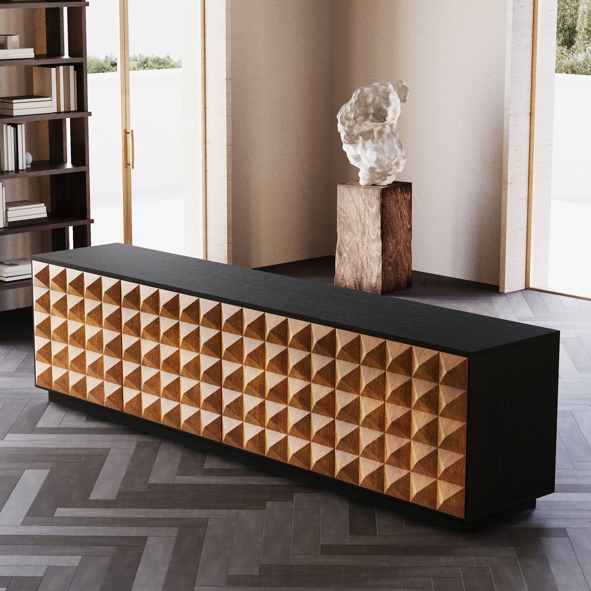 Alt View 2. luck idea - 87.79" TV Stand, Media Console with Storage Cabinets & Adjustable Shelves for Living Room - Black.