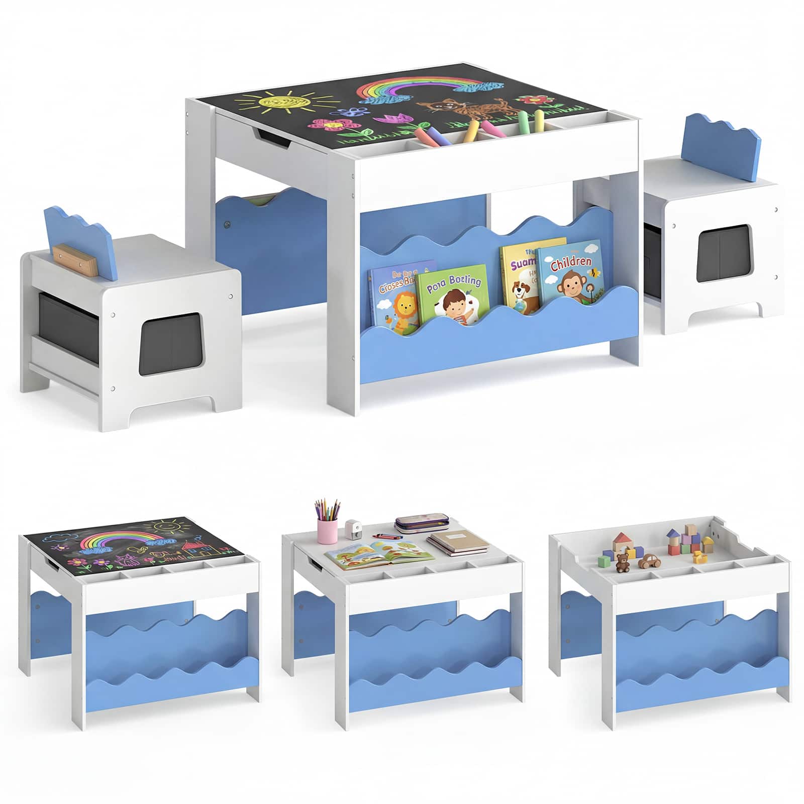 Costway - Wooden Kids Table & Chairs Set with Double-sided Tabletop Chalkboard Bookshelves - White + Blue