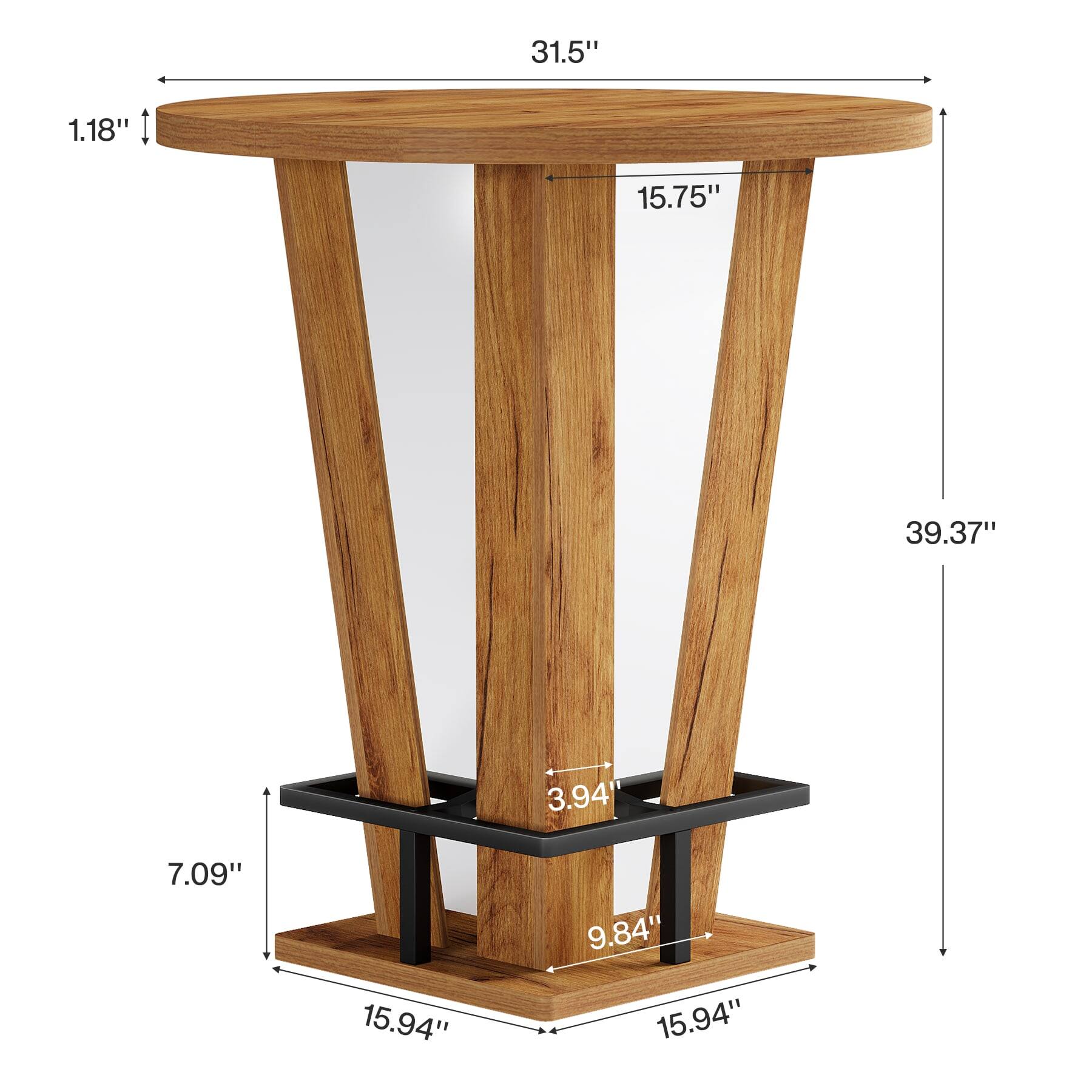 - Diameter: 31.5"
- Thickness: 1.18"
- Width: 15.75"
- Height: 39.37"
- Shelf Height: 3.94"
- Shelf Width: 15.94"
- Shelf Depth: 15.94"
- Shelf Height from Floor: 7.09"
- Base Width: 15.94"
- Base Depth: 15.94"
- Base Height: 9.84"