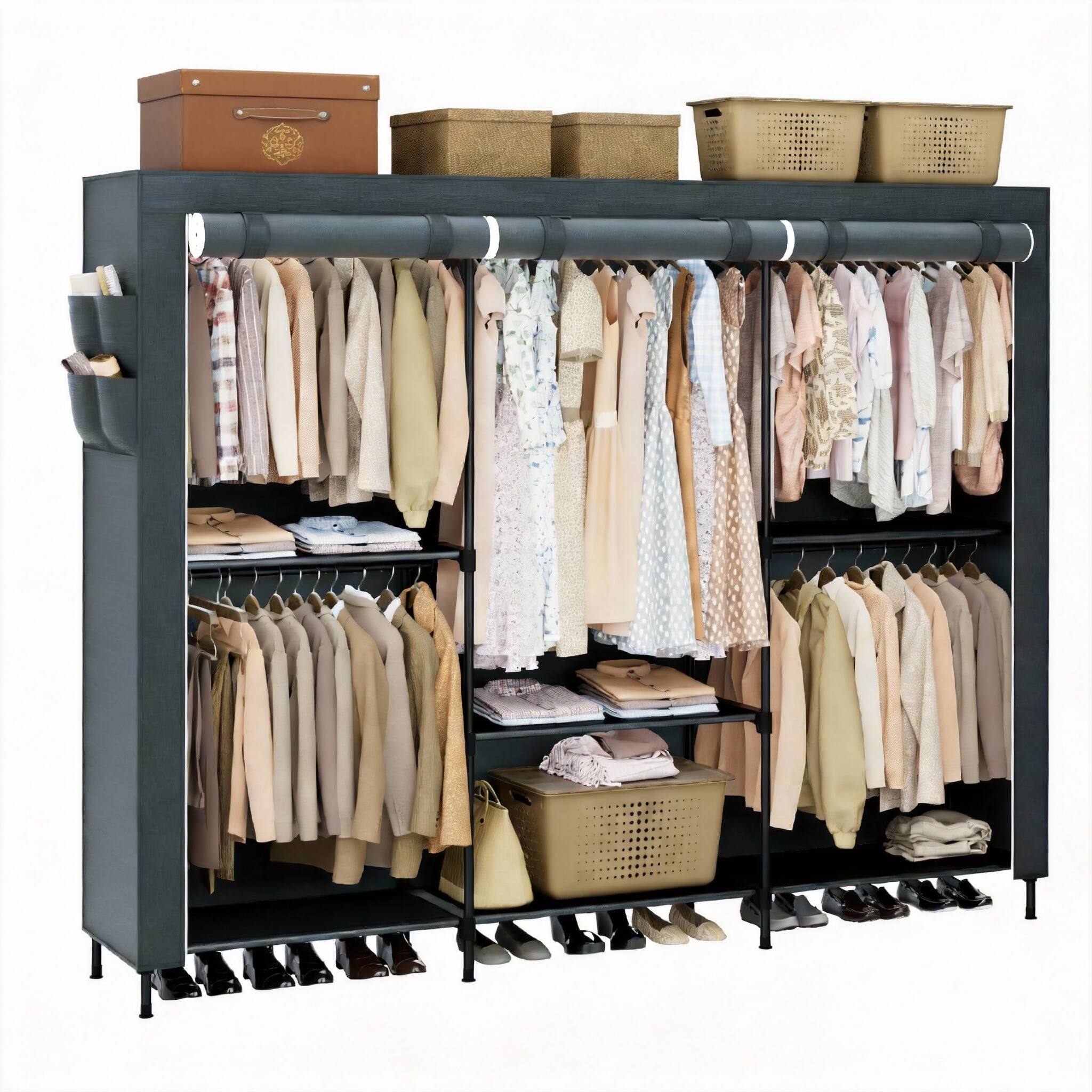 Front. PO3TICJUNKI3 - Portable Closet Capacity Wardrobe With Cover Clothes Storage Organizer Shelves And Rods Easy To Assembly - Grey 81.5"L x 17.7"W x 78"H.