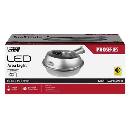 LED Area Light
FEIT Electric LED Area Light - PROSERIES
Stainless Steel Finish
128w | 10,000 Lumens
5000K Daylight
17 years* | 50,000 Hours
120V AC Operation
Integrated LED
Corrosion Proof Sealed Fixture
Dust to Dawn