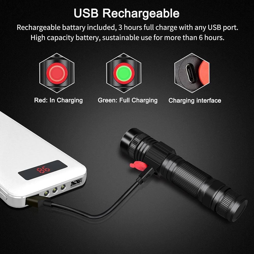 USB Rechargeable

Rechargeable battery included, 3 hours full charge with any USB port. High capacity battery, sustainable use for more than 6 hours.

Red: In Charging  
Green: Full Charging  
Charging interface
