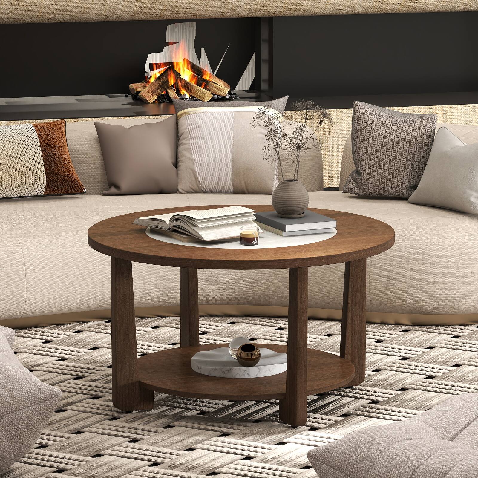Alt View 5. Gymax - Gymax Round Coffee Table w/ 2-Tone Tabletop & Open Storage Shelf Wood Support Legs - Brown.