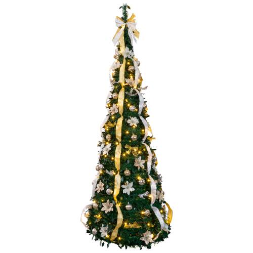 Winado - 7 FT Christmas Tree Pop Up Artificial Pre-lit with Warm Lights, Ornaments for In/Outdoor Holiday Decoration - Green & Golden