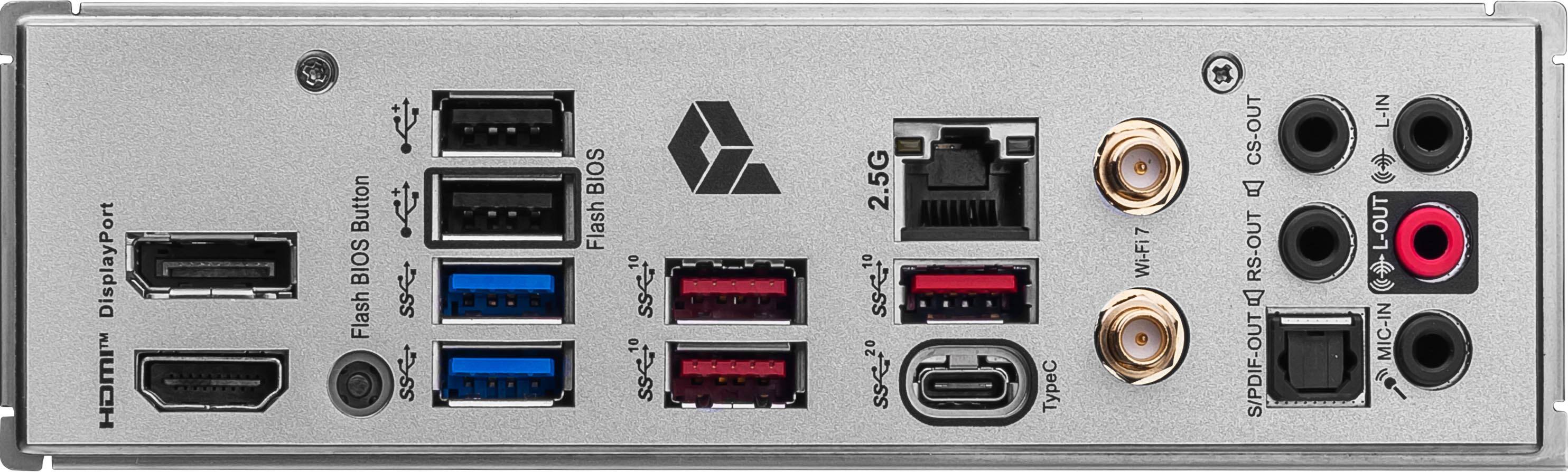 DisplayPort HOMI Button BIOS Flash 10 sse 2.5G 10 sse1 20 sse2 TypeC 7 Wi-Fi7 CS-OUT RS-OUT B S/PDIF-OUT L-IN C L-OUT MIC-IN