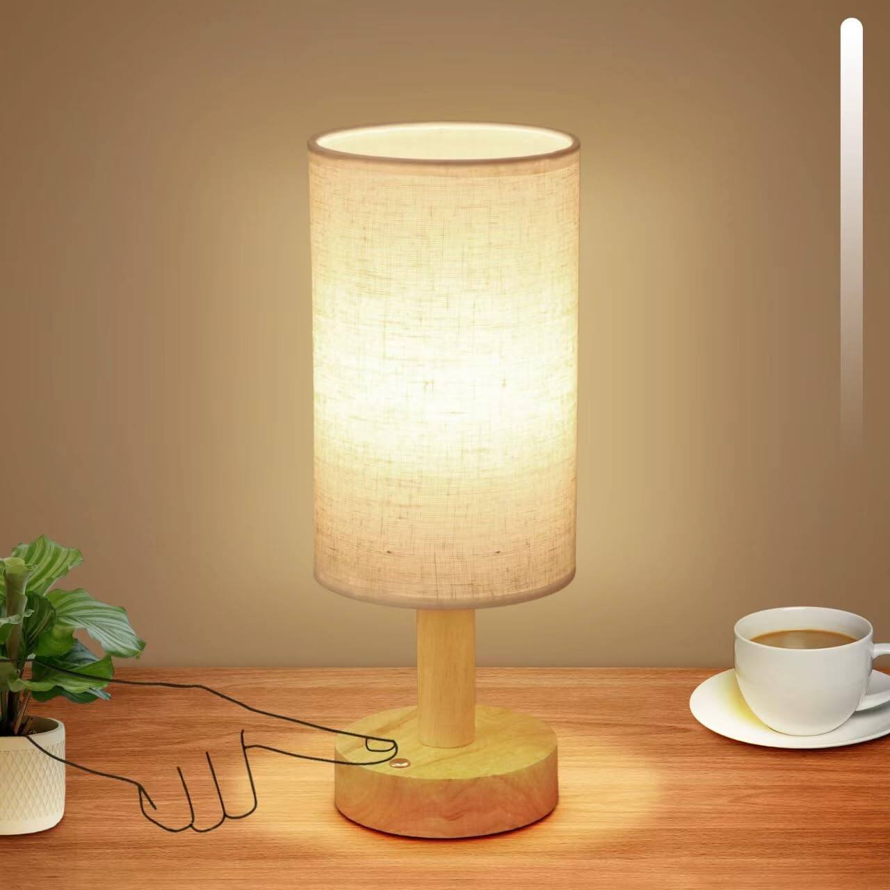 Front. Dazzling Pops - Rechargeable Cordless Touch Table Lamp Stepless Dimming Natural Wood Base Linen Shade Battery Wireless - Cordless Touch-Round-1set.