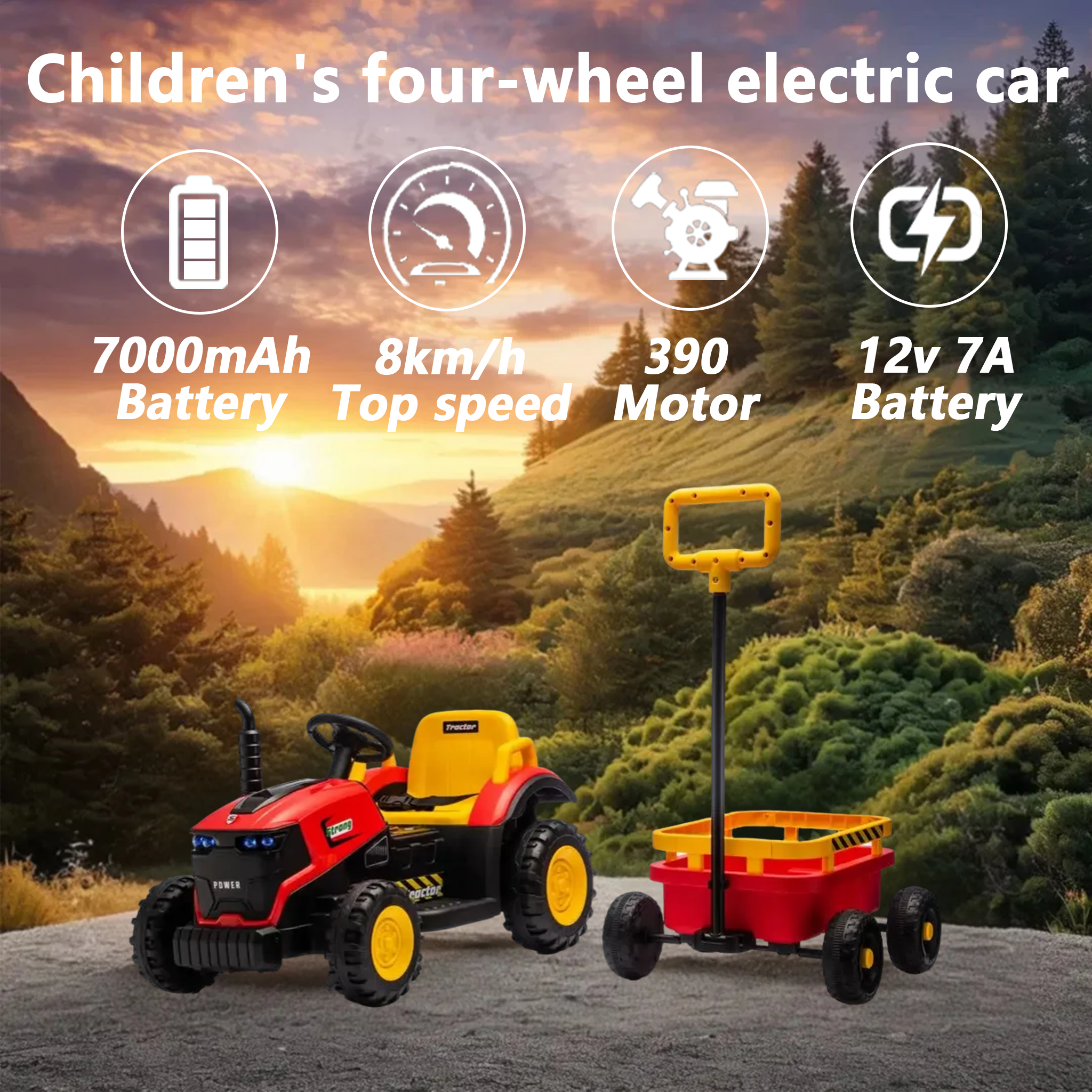 Children's four-wheel electric car  
7000mAh Battery  
8km/h Top speed  
390 Motor  
12v 7A Battery