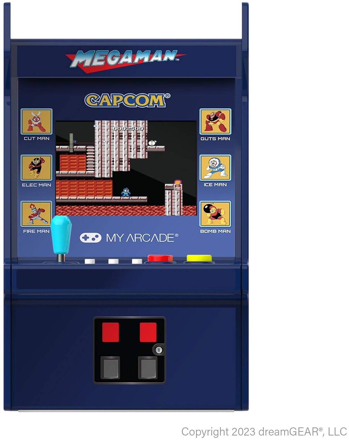 MEGAMAN  
CAPCOM  

CUT MAN  
ELEC MAN  
FIRE MAN  
GUTS MAN  
ICE MAN  
BOMB MAN  

MY ARCADE  

Copyright 2023 dreamGEAR®, LLC