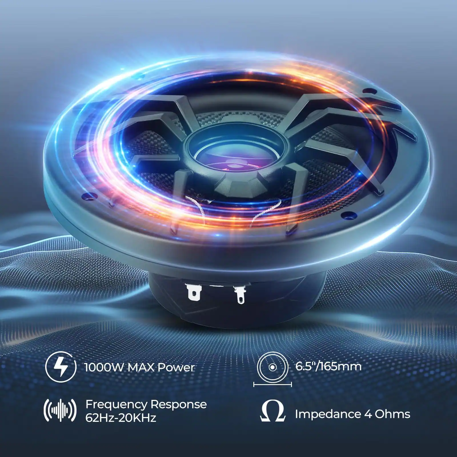 1000W MAX Power  
6.5"/165mm  
Frequency Response 62Hz-20kHz  
Impedance 4 Ohms