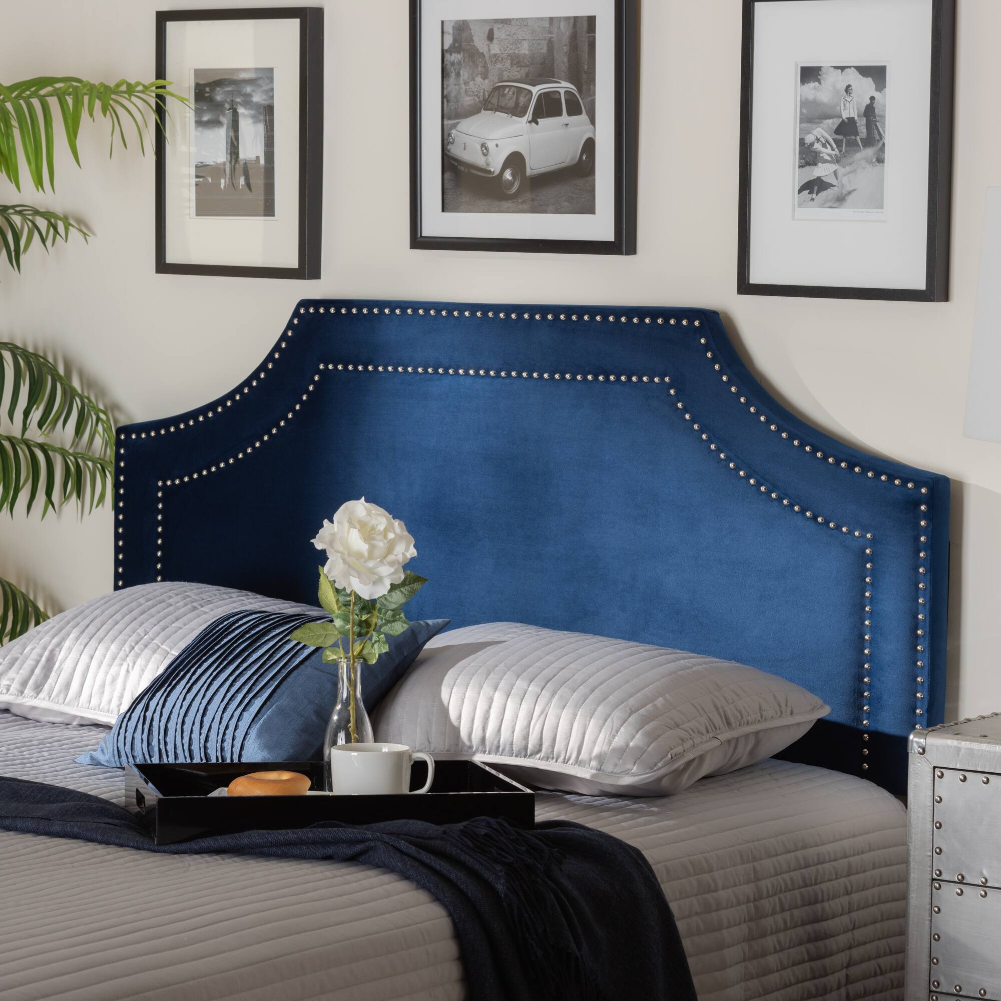Back. Baxton Studio - Avignon Modern and Contemporary Velvet Fabric Upholstered Queen Size Headboard - Royal Blue.