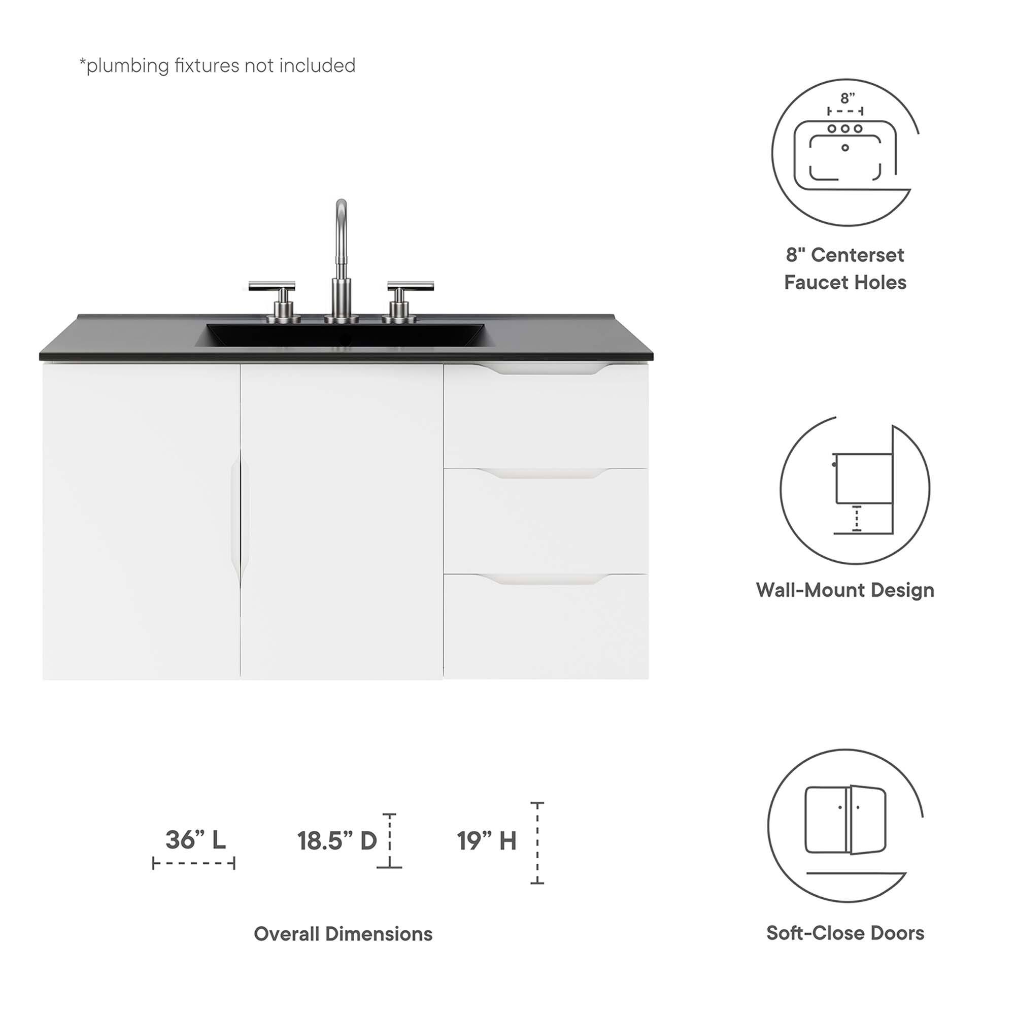 *plumbing fixtures not included

8" Centerset Faucet Holes

Wall-Mount Design

36" L x 18.5" D x 19" H Overall Dimensions

Soft-Close Doors
