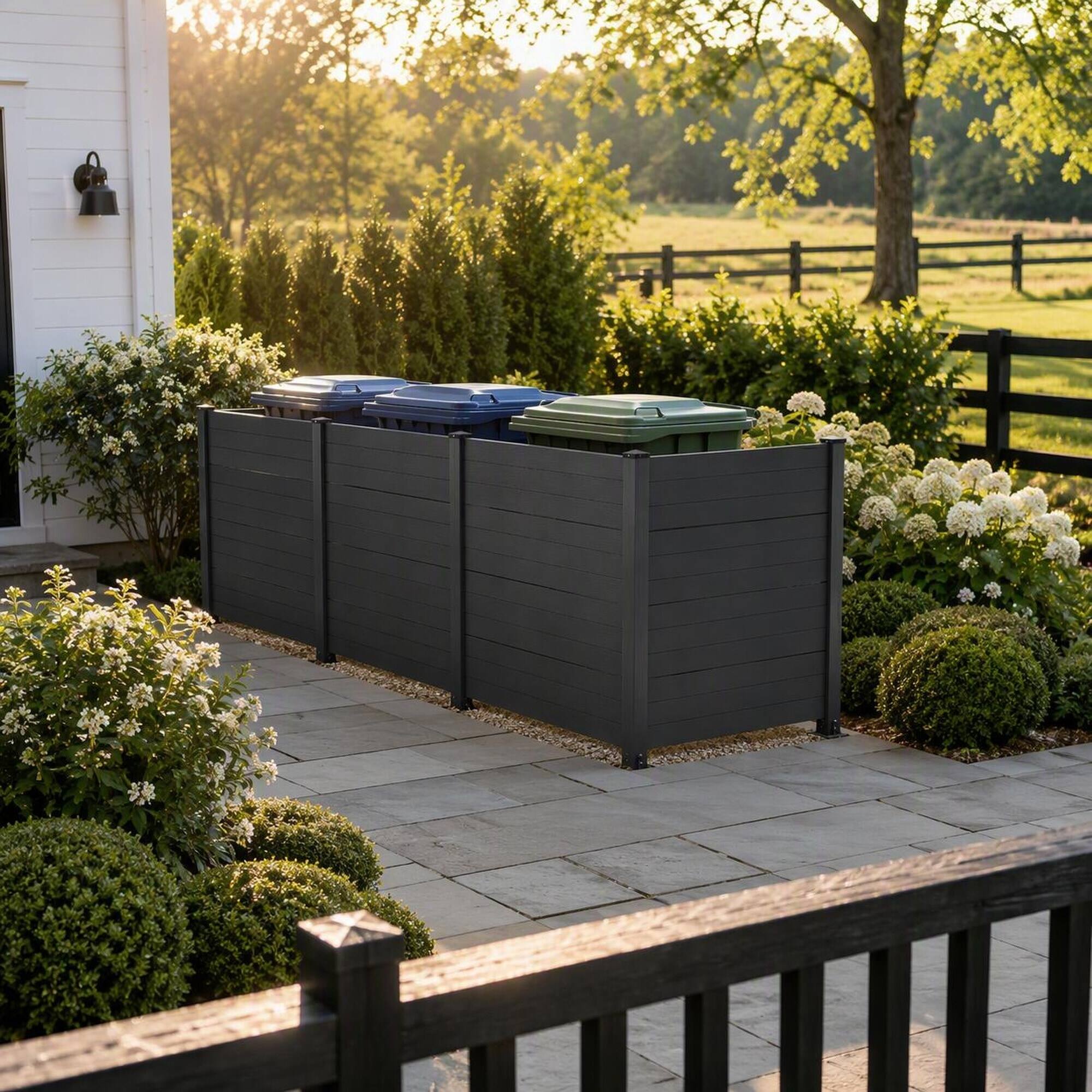 Back. RYHNUYNE - All-Weather Vinyl Outdoor Privacy Screen Set with Aluminum Posts for Air Conditioner or Trash Can Enclosure, 4 - DARK GREY.