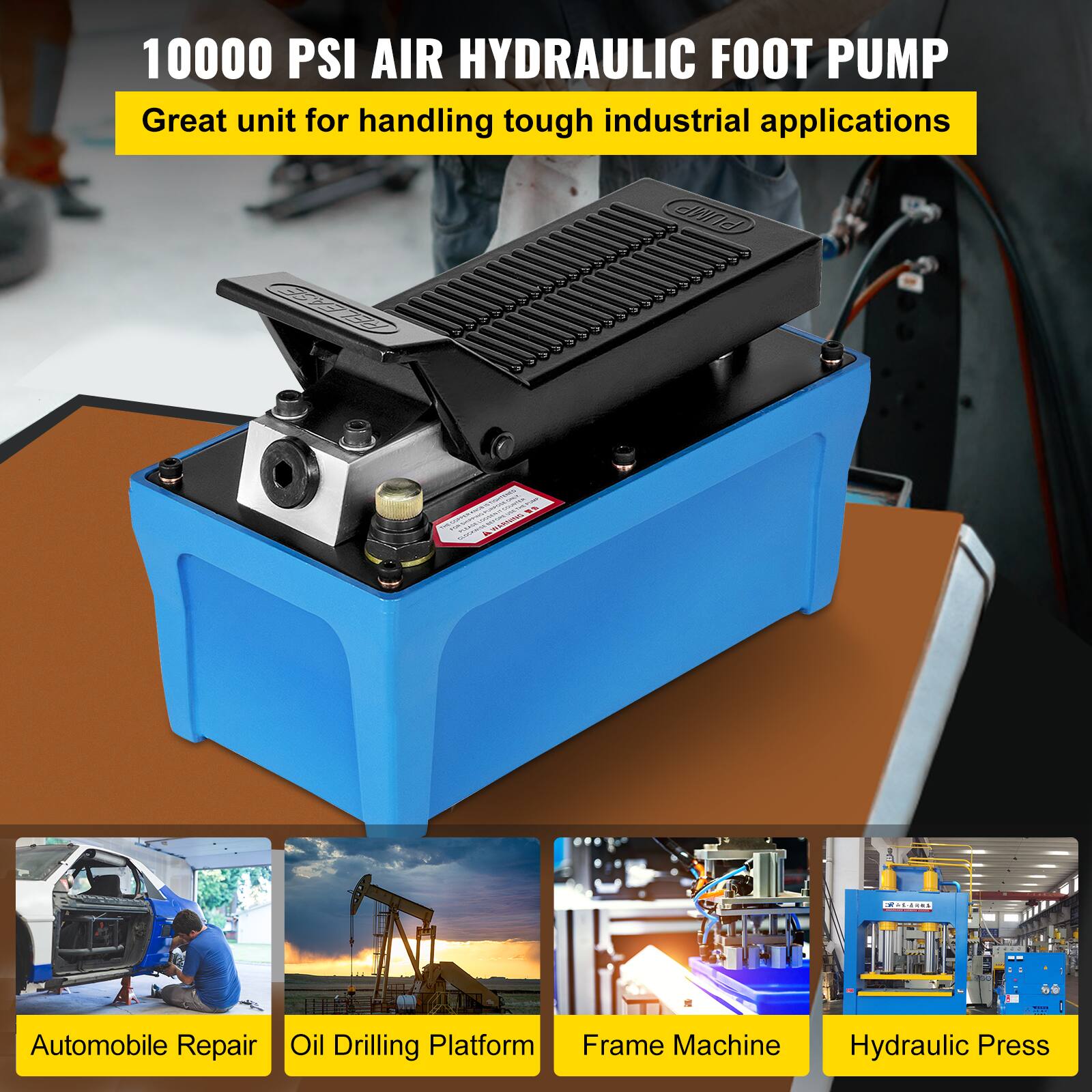 10000 PSI AIR HYDRAULIC FOOT PUMP  
Great unit for handling tough industrial applications

- Automobile Repair
- Oil Drilling Platform
- Frame Machine
- Hydraulic Press