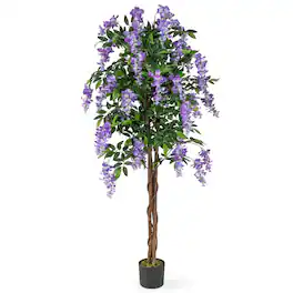 Costway - 1 PCS 5.5 FT Tall Artificial Ficus Tree Faux Wisteria Plant in Nursery Pot Decoration Purple - Green,Brown,Purple