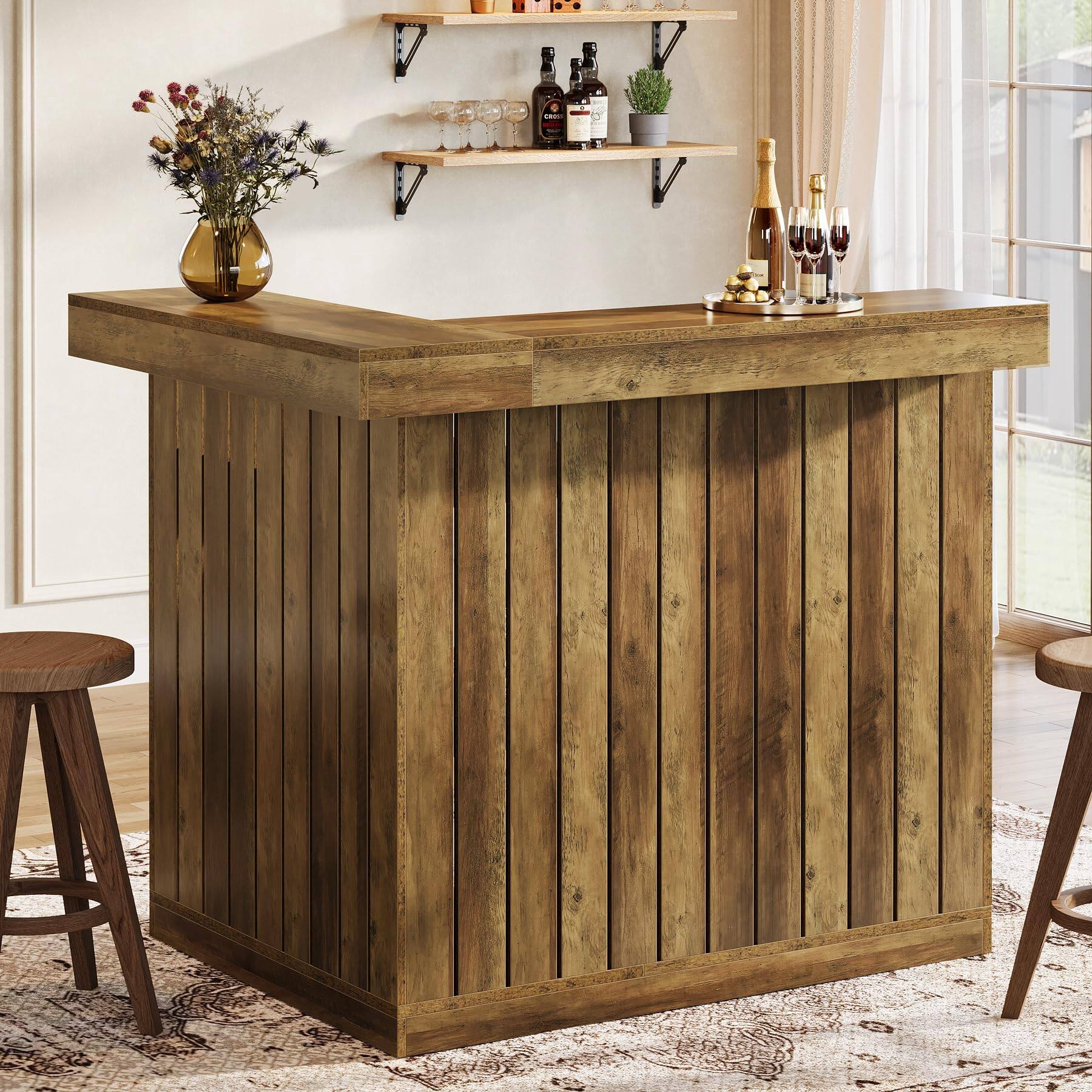 Back. Tribesigns - 51.2-Inch L-Shaped Bar Table with 4-Tier Storage Shelves for Kitchen or Home Bar - Brown.