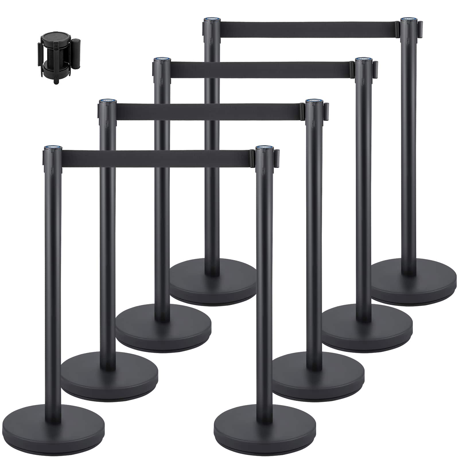 Front. VEVOR - Crowd Control Stanchion, Set of 8 Pieces Stanchion Set, Stanchion Set with 6.6 ft/2 m Black Retractable Belt - Black.