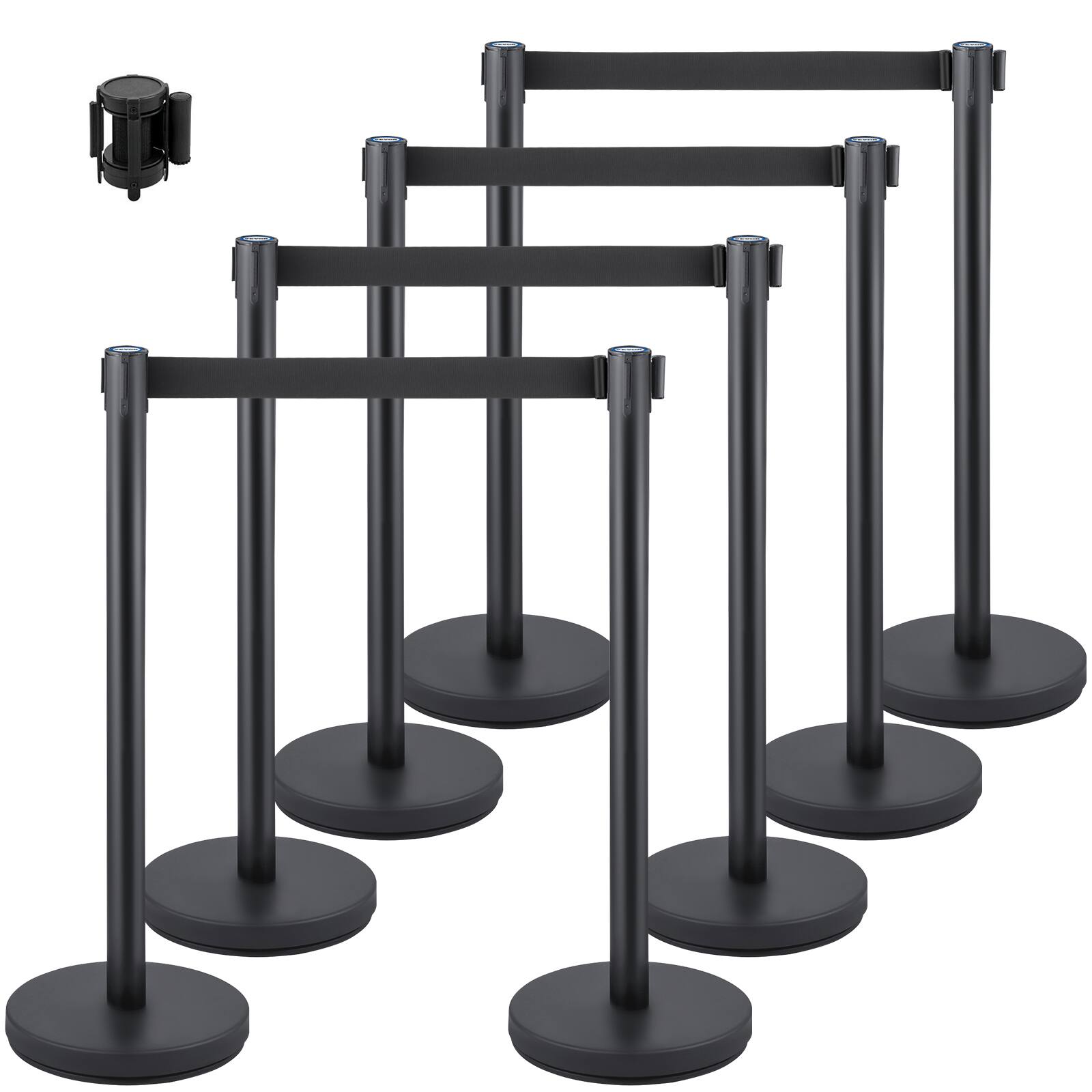 Front. VEVOR - Crowd Control Stanchion, Set of 8 Pieces Stanchion Set, Stanchion Set with 6.6 ft/2 m Black Retractable Belt - Black.