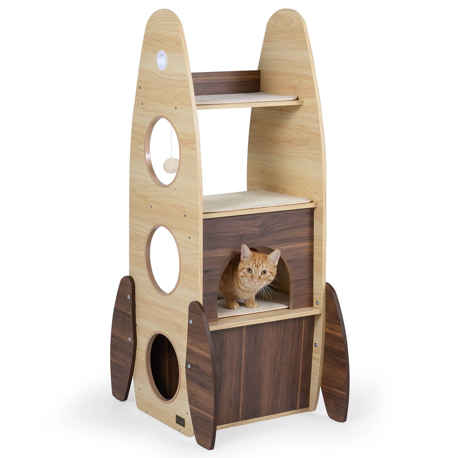 Gymax - 47'' Large Wooden Cat House w/ 2-Storey Condo Top Perch & Sisal Scratching Pad