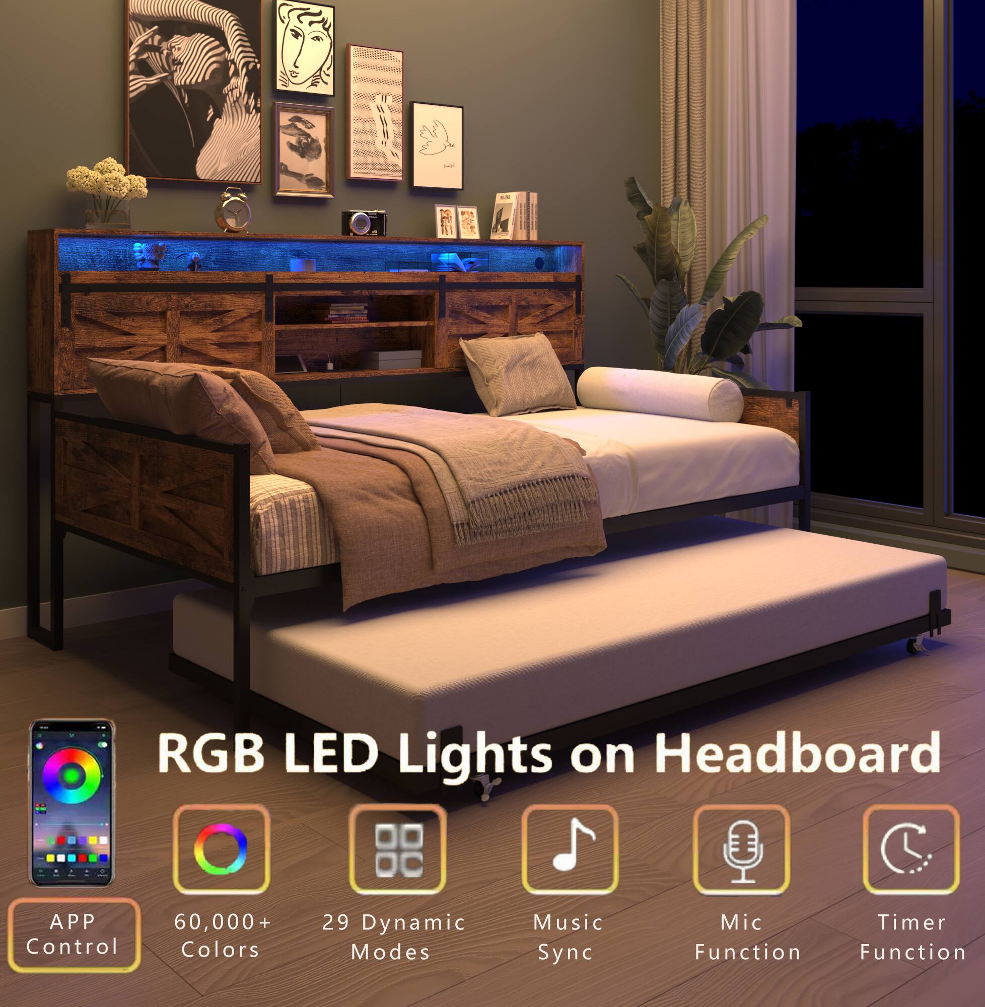 RGB LED Lights on Headboard

- APP Control
- 60,000+ Colors
- 29 Dynamic Modes
- Music Sync
- Mic Function
- Timer Function