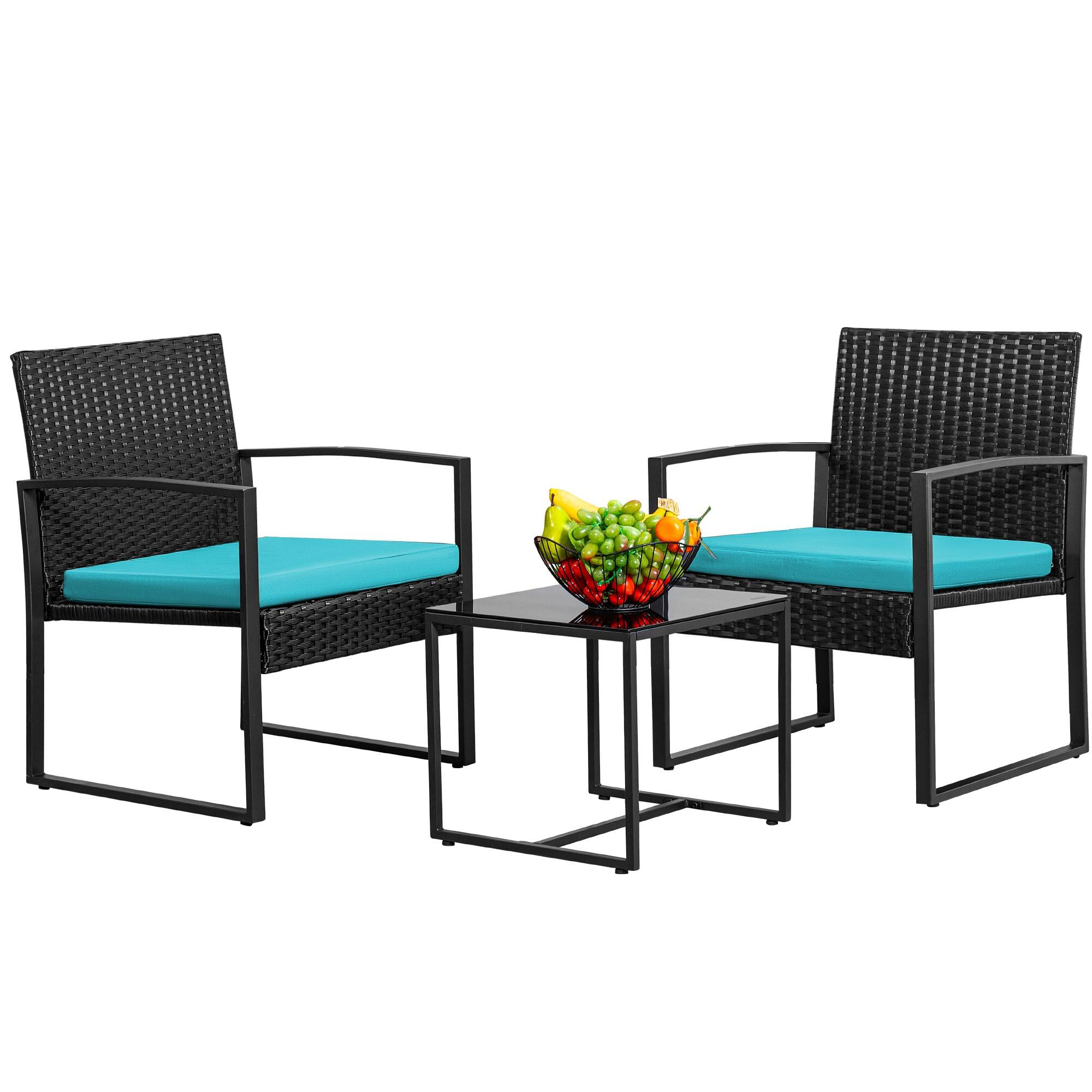 Fabibe - 3 Piece Wicker Conversation Bistro Sets Outdoor Patio Set Modern Rattan Chair Furniture Sets with Coffee Table for - Blue