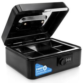 SereneLife - 8" Metal Cash Box with Lock – Secure Lock Box with 5 Compartment Cash Tray and Money Tray