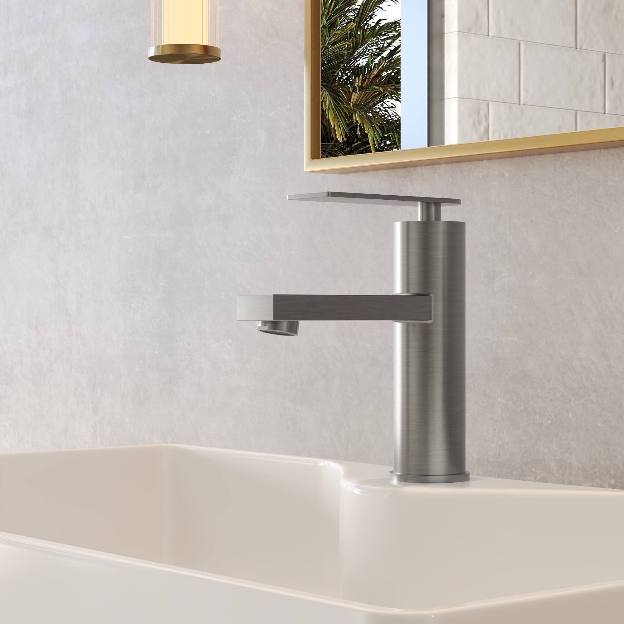 Angle. GRANDJOY - Single Handle Low-Arc Vessel Sink Faucet, 3.6 in. Flat Spout Height with Pop-Up Drain - Brushed Nickel.