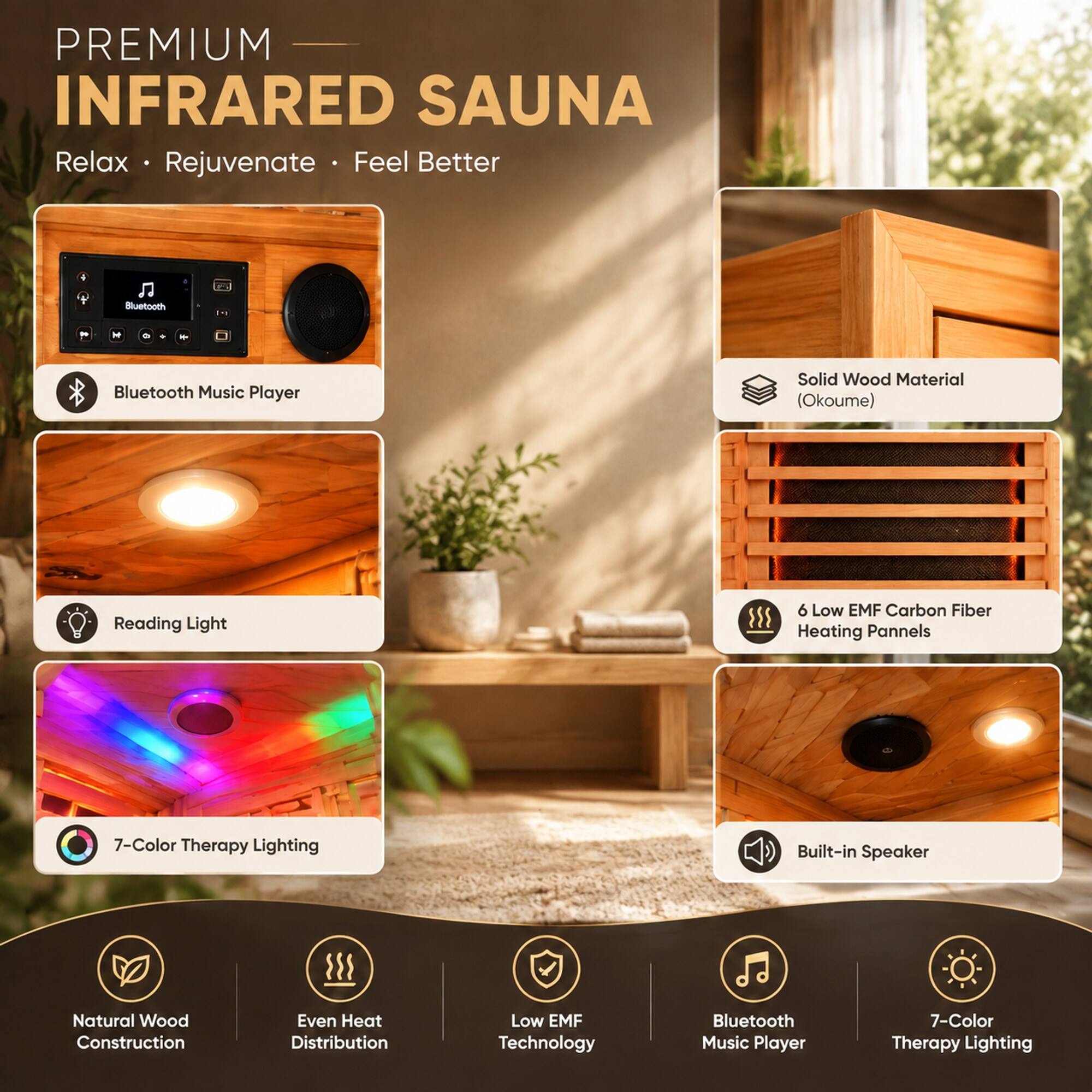 PREMIUM INFRARED SAUNA  
Relax • Rejuvenate • Feel Better

- Bluetooth Music Player
- Solid Wood Material (Okoume)
- Reading Light
- 6 Low EMF Carbon Fiber Heating Panels
- 7-Color Therapy Lighting
- Built-in Speaker

Features:
- Natural Wood Construction
- Even Heat Distribution
- Low EMF Technology
- Bluetooth Music Player
- 7-Color Therapy Lighting