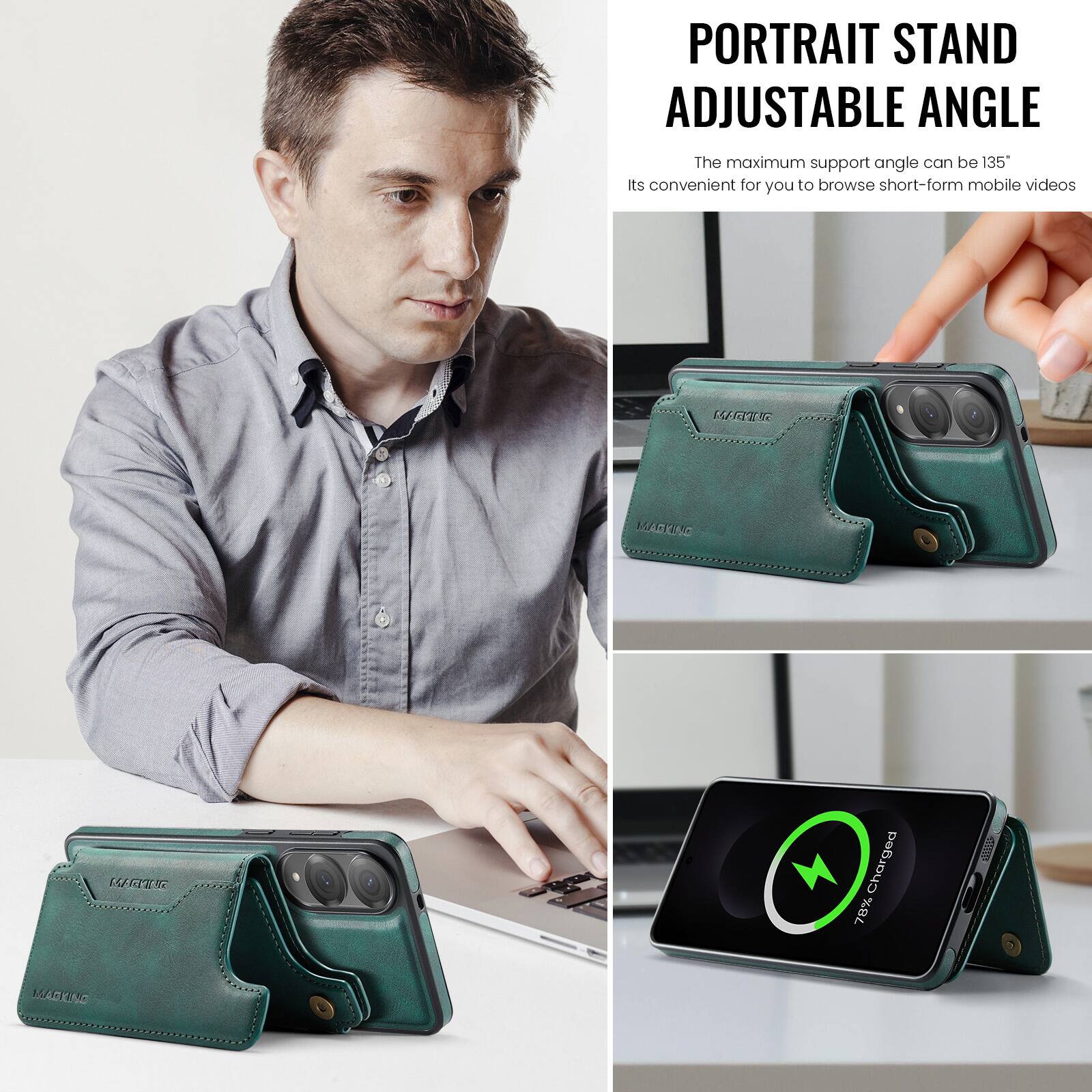 PORTRAIT STAND ADJUSTABLE ANGLE  
The maximum support angle can be 135°  
Its convenient for you to browse short-form mobile videos  

LA MACRINE  
Charged 78%