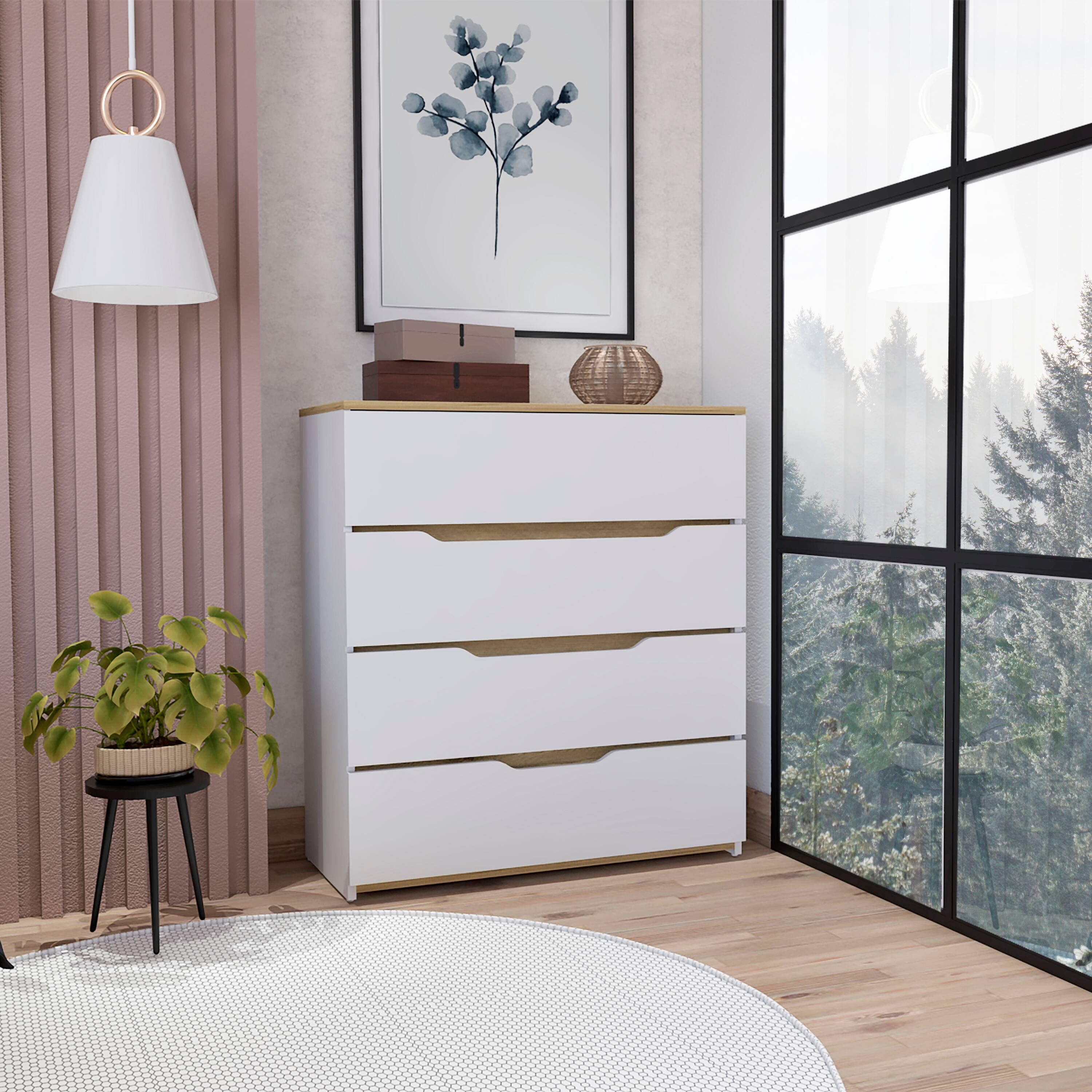 Angle. TuHome - Zoe Dresser, Superior Top, Four Drawers - White / Light Oak.