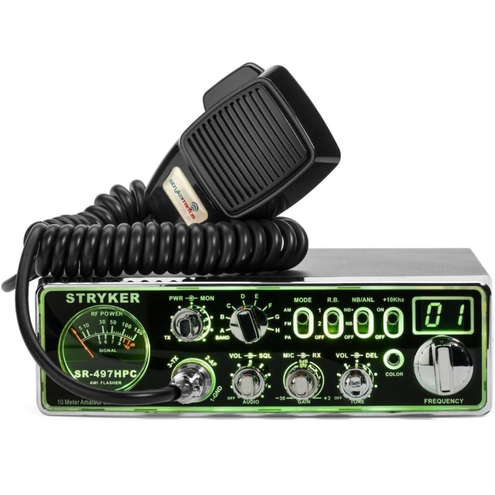 STRYKER PWR RF POWER 30 50 510 100 1 150 TX 5 1 . - SIGNAL 3-TX SR-497HPC AMI FLASHER 10 Meter Amateur MON D E MODE R.B. NB/ANL 0Khz C F AM 1 NB+ ON G FM 2 NB A H BAND PA OFF OFF OFF VOL SQL MIC RX VOL DEL 2-AF COLOR 1-GND OFF AUDIO 30 GAIN +3 DFF TONE 0 1 FREQUENCY