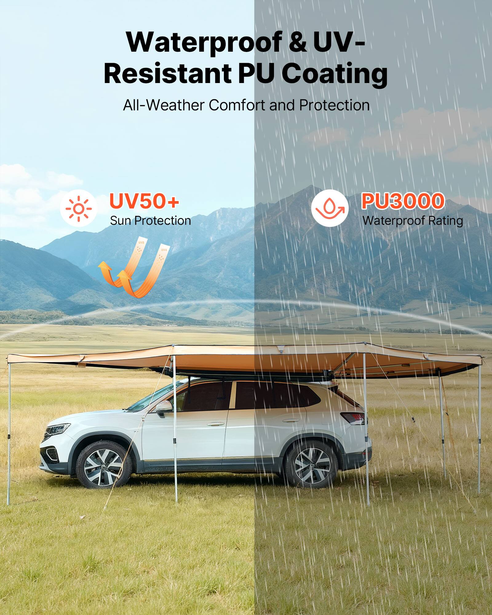 Waterproof & UV-Resistant PU Coating  
All-Weather Comfort and Protection  

UV50+ Sun Protection  
PU3000 Waterproof Rating