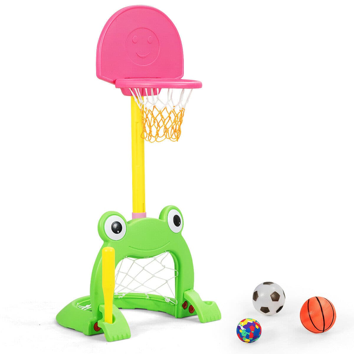 Ecooso - 3-in-1 Kids Basketball Hoop Stand Play Set - Pink/Yellow/Green
