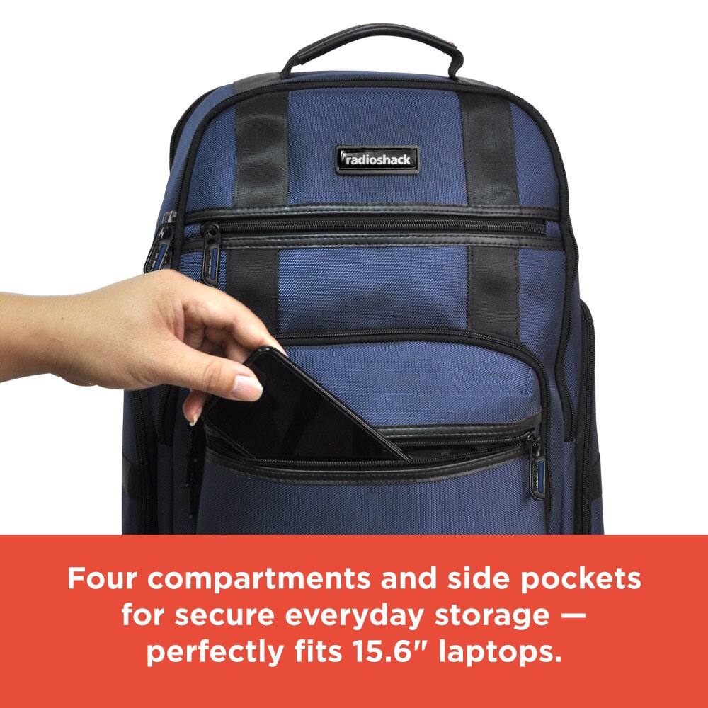 Four compartments and side pockets for secure everyday storage — perfectly fits 15.6" laptops.