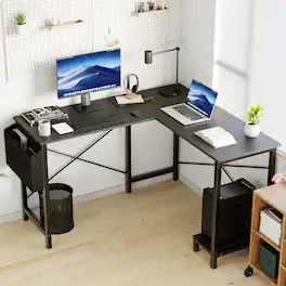 Bestier - 50in L Shaped Computer Desk, Gaming Desk with Reversible Shelves and Side Bag, Writing Table Desk for Home Office - Black