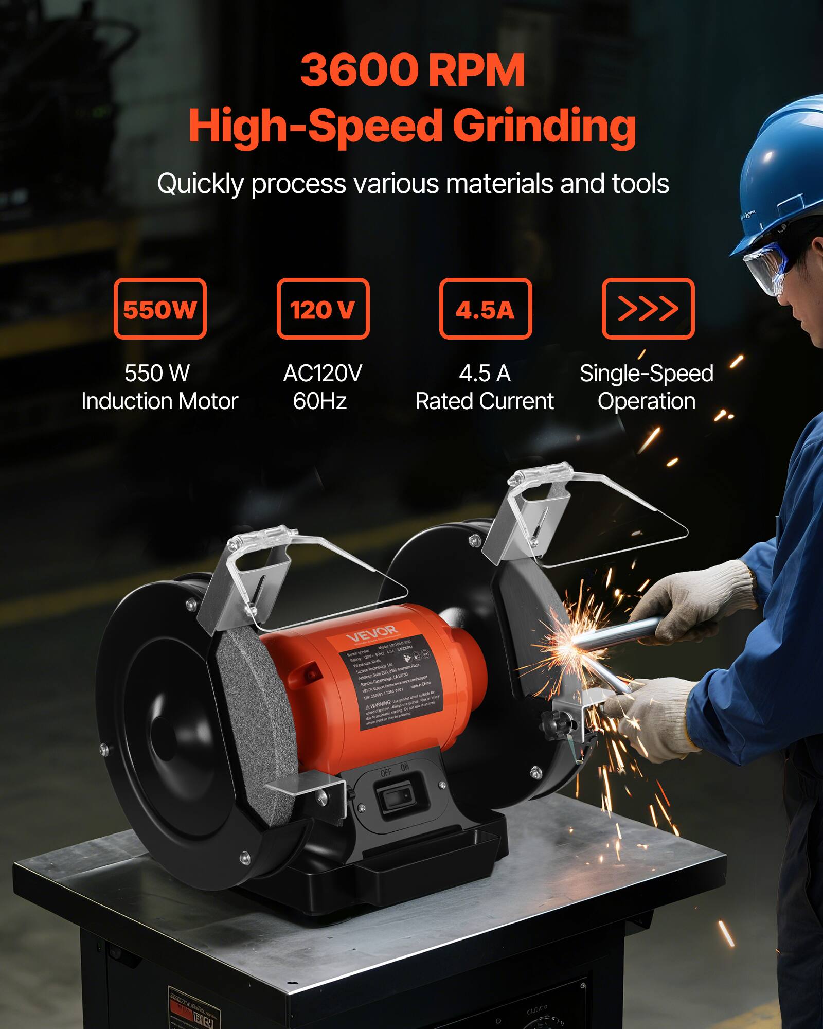 3600 RPM High-Speed Grinding Quickly process various materials and tools

550W
120 V
4.5A
550 W Induction Motor
AC120V 60Hz
4.5 A Single-Speed Rated Current Operation