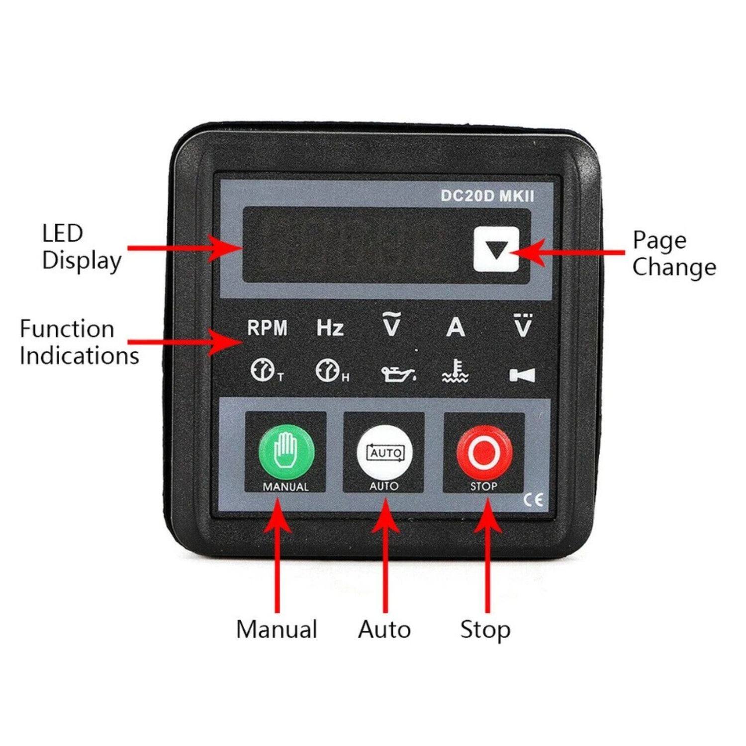 DC20D MKII

LED Display

Function Indications: RPM, Hz, V, A, V

Page Change

Manual, Auto, Stop

CE