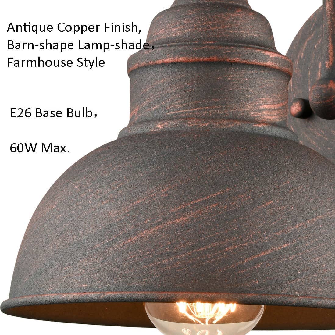 Antique Copper Finish, Barn-shape Lamp-shade, Farmhouse Style  
E26 Base Bulb, 60W Max.