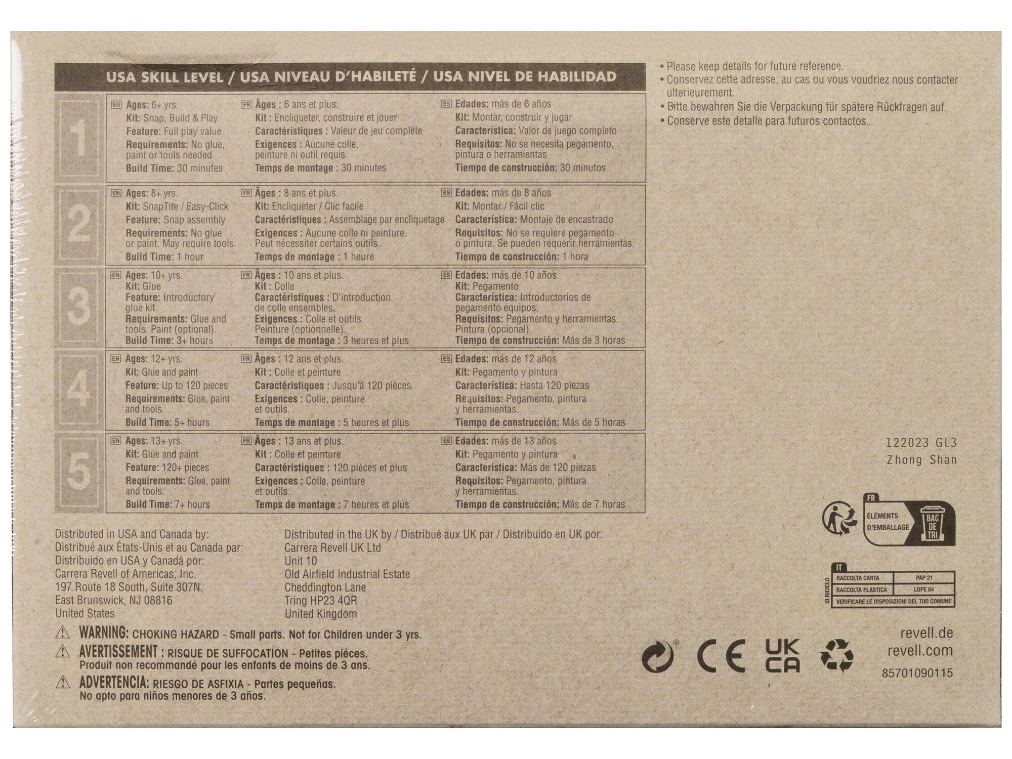 **USA SKILL LEVEL / USA NIVEAU D'HABILITÉ / USA NIVEL DE HABILIDAD**

1. **Ages: 6-7 yrs.**  
   - Kit: Snap, Build & Play  
   - Feature: Full play value  
   - Requirements: No glue, paint or tools needed  
   - Build Time: 30 minutes  

2. **Ages: 8-9 yrs.**  
   - Kit: SnapTite / 2-Easy-Click  
   - Feature: Snap assembly  
   - Requirements: No glue or paint. May require tools  
   - Build Time: 1 hour  

3. **Ages: 10+ yrs.**  
   - Kit: Introductory  
   - Feature: Introductory  
   - Requirements: Glue and paint (optional)  
   - Build Time: 3+ hours  

4. **Ages: 12+ yrs.**  
   - Kit: Glue and paint  
   - Feature: Up to 120 pieces  
   - Requirements: Glue, paint and tools  
   - Build Time: 5+ hours  

5. **Ages: 13+ yrs