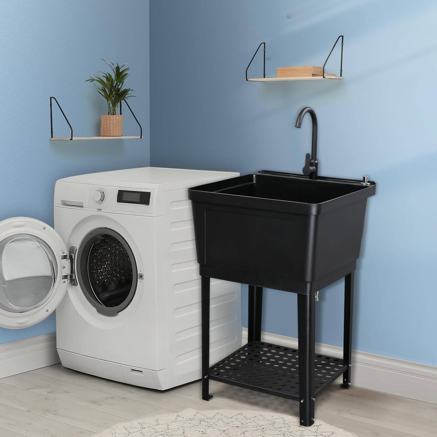 Alt View 5. Winado - Plastic Utility Sink Freestanding Plastic Sink with Hot and Cold Water Faucet, Soap Dispenser for Basement Laundry Home - Black.