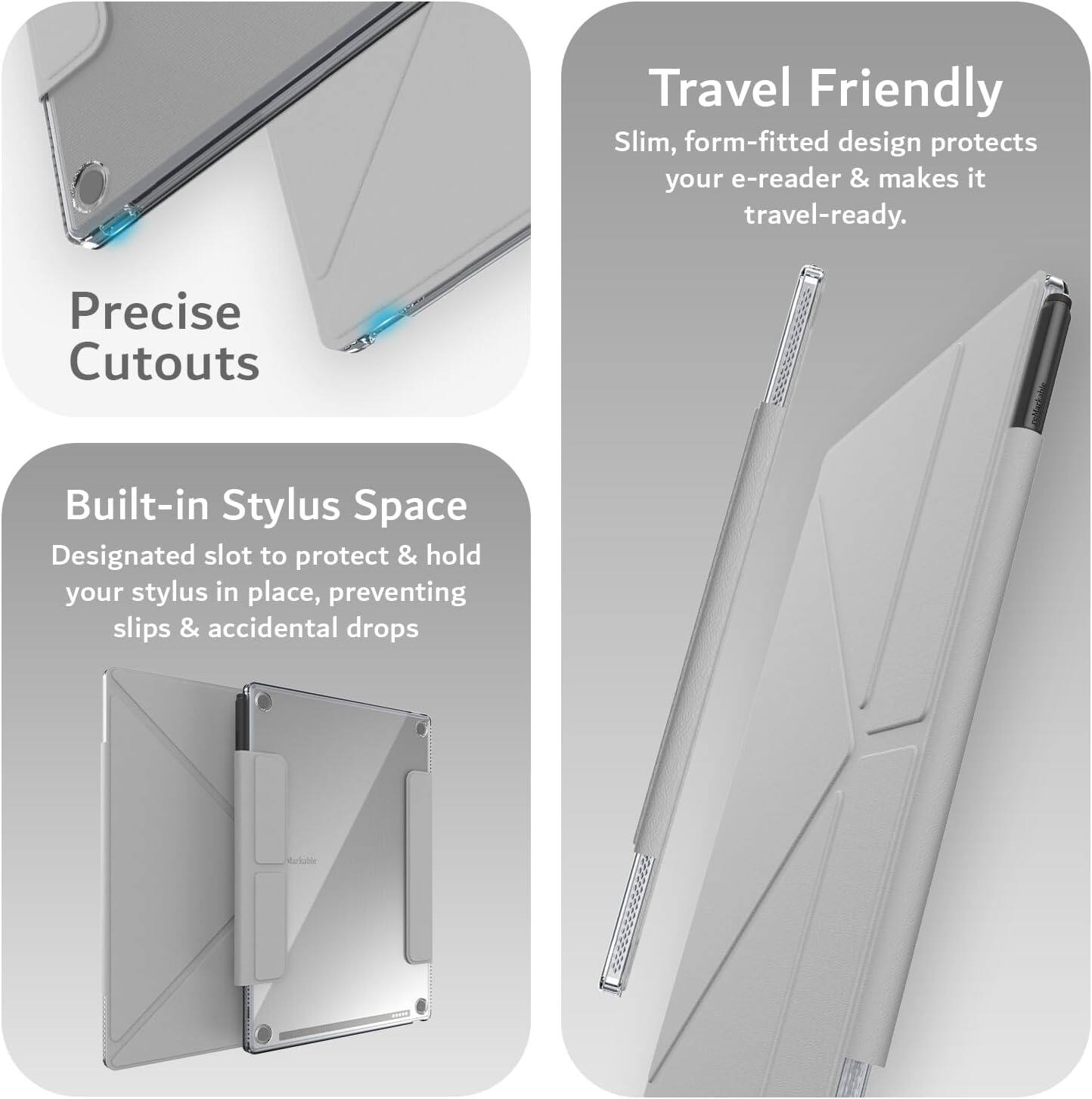 - **Travel Friendly**
  - Slim, form-fitted design protects your e-reader & makes it travel-ready.

- **Precise Cutouts**

- **Built-in Stylus Space**
  - Designated slot to protect & hold your stylus in place, preventing slips & accidental drops