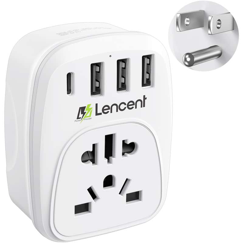 LENCENT - World to US Travel Adapter supports global devices with 1 AC outlet, 3 USB ports and 1 Type C port - White
